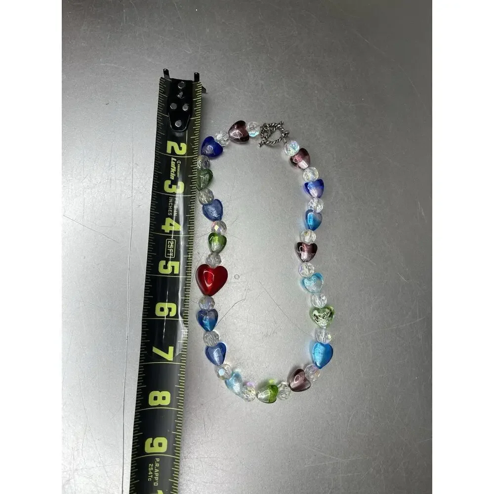 Vintage Heart Art Glass Necklace Statement Colorful Beads Blue Green_4